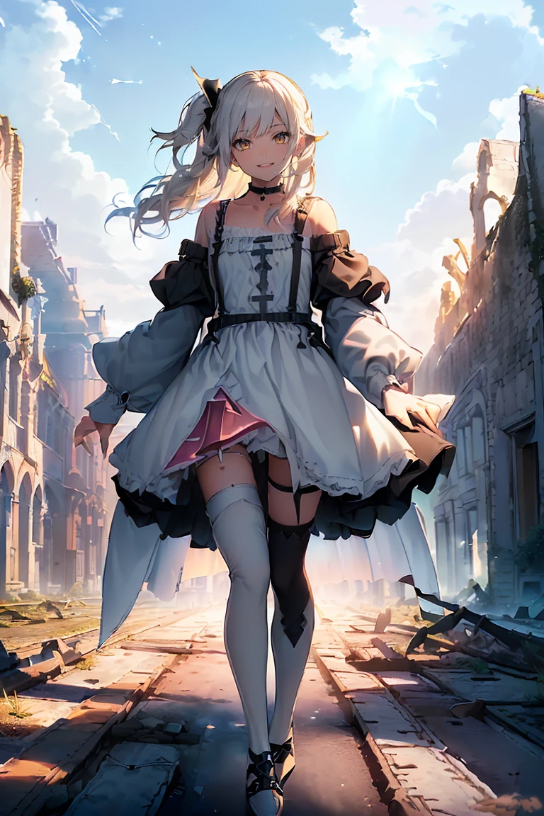 1 girl, solo, full body, standing, background with((fantasy world, ruins, fort, beautiful sky, shining sky, sunshine, castle:1.55)), girl with(((medium hair, long hair, one side up:1.48), (camisoles, suspenders, belt, blue clothes, cross, choker, collarbone, dress, wind blowing dress, lace dress, frills camisoles, off-shoulder sleeves, half-sleeves, black pumps, black footwear:1.37), ((white legwear, thighhighs, single thighhigh:1.55)))
