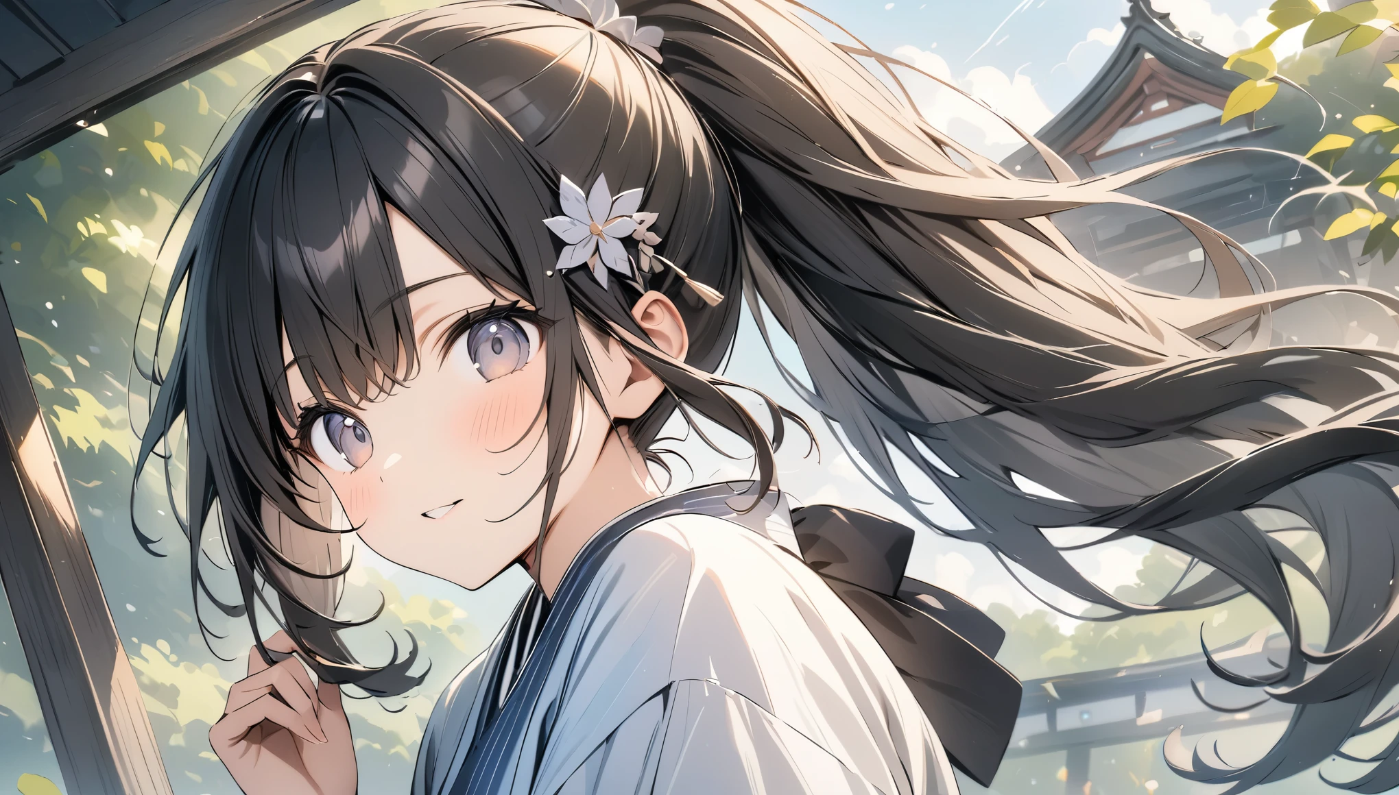 uhd, retina, masterpiece, accurate, high details, best quality, highres, award winning、Crystal clear image quality、Wood、Lens flare、wood々The grounds are overgrown with、girl wearing kimono、The wind blows my hair to the left、Illustration in motion、Japanese taste、Black Hair、ponytail、hair ornaments、Looking at this、cute、Drawing with emphasis on green、Shrine in the background,(風がなびく:1.3),(葉っぱが舞い上がる:1.2)