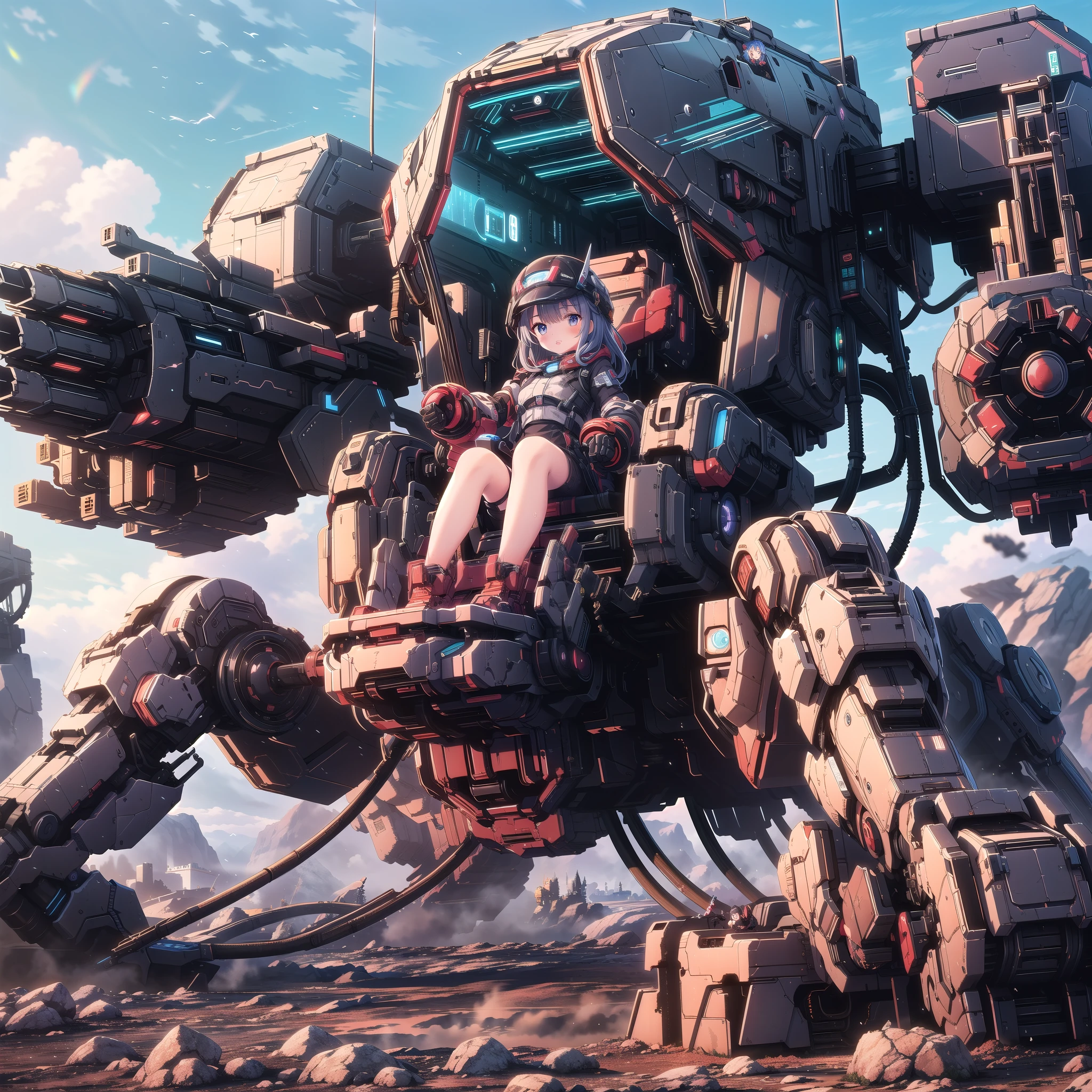 (masterpiece:1.2), best quality, high resolution, extremely detailed CG, absurdres, highres, Sci-fi world where a girl in bodysuit sits inside a machine with giant robot arms and legs on a battlefield, and the girl holds the lever of the machine,Colorful portraits