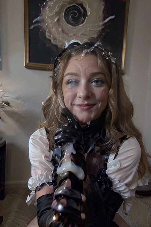 Beautiful Caucasian blonde smiling, very long curly hair, very puffy curly hair, head bow, nylon long elbow black gloves. Showing to camera open palms her long nylon elbow black gloves covered with cum, cum gloves