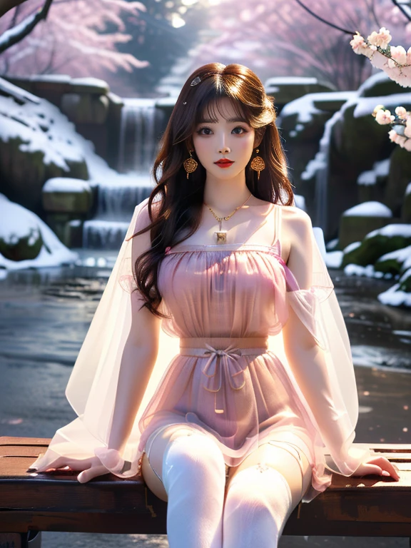 An Asian Chinese female model, Night rainy waterfall background, (8K Ultra HD, Digital SLR Camera, Soft Light, high quality, Volumetric Lighting, frank, photo, high resolution, 4K, 8K, Bokeh), (Create stunning images of real girls, warm light, Dynamic poses, Elegant Posture, Cowboy lens, Full body front view, From the front,Be confident, Front of the body facing the camera, Standing posture facing the camera, Open your legs slightly, Golden Ratio Graphics, Minimalism), (Show a charming smile, Willow Leaf Eyebrows, big eyes, Apricot eye prick, Cherry Blossom, Balanced Eyes, Oval face, Pretty Face, Normal facial features, Skin is transparent and visible, Thin skin and tender meat, cosmetic, earrings, bracelet, necklace, Jewelry, veil, Hair accessories), (Brown hair, Wavy curly hairstyle, Waist-length hair, Messy Hairstyle, Gradient hairstyles, Cyberpunk hairstyle), (Transparent clothes:1.5, Pink clothes, Thin clothes, Transparent mesh clothes, Transparent clothes, Transparent silk hanfu,Ultra-fine three-point underwear), (Sexy, Perfect breast shape, Teardrop-shaped chest shape, Snow-white breasts, very detailed breasts, 34E cup), (Super high waist clothes, Waist hollow, Levain), (Black socks, Clear knee-length socks, 吊garter, Leg ring, garter, 腿部garter)