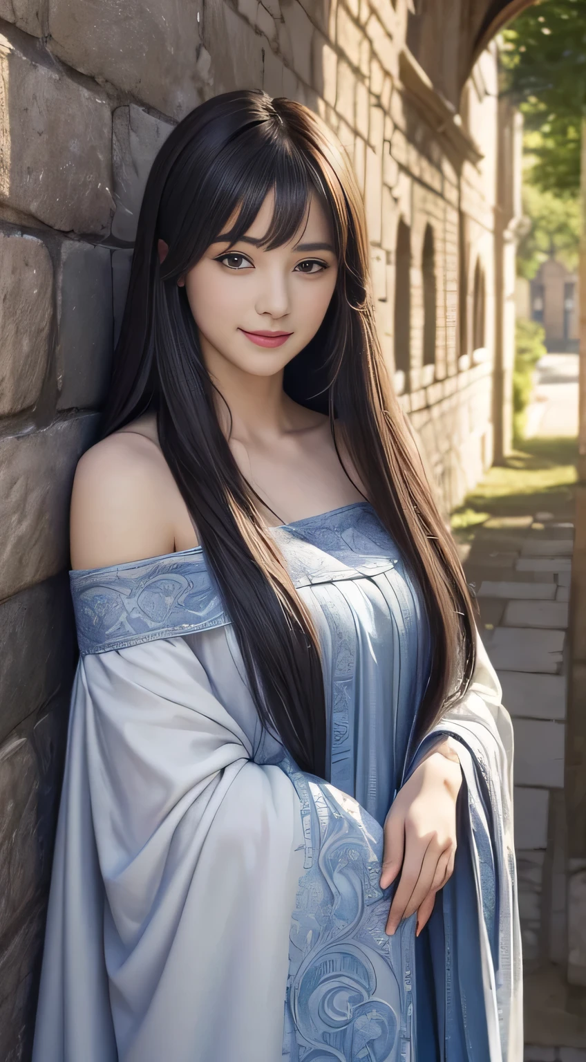 (A hyper-realistic)、(illustratio)、(hight resolution)、(8K)、(ighly detailed)、(Best Illustration)、(beautifully detailed eyes)、(top-quality)、(Ultra-detail)、(​masterpiece)、(wall-paper）、（A detailed face）、solo、1 girl in、looking at viewert、fine detailed、A detailed face、in the darkness nigth、deep-shadows、lowkey、A smile、long colorful shawl, straight hair、46-point diagonal bangs,　（silk dresses、long  skirt）(off shoulders）View of the castle、Stand against the wall