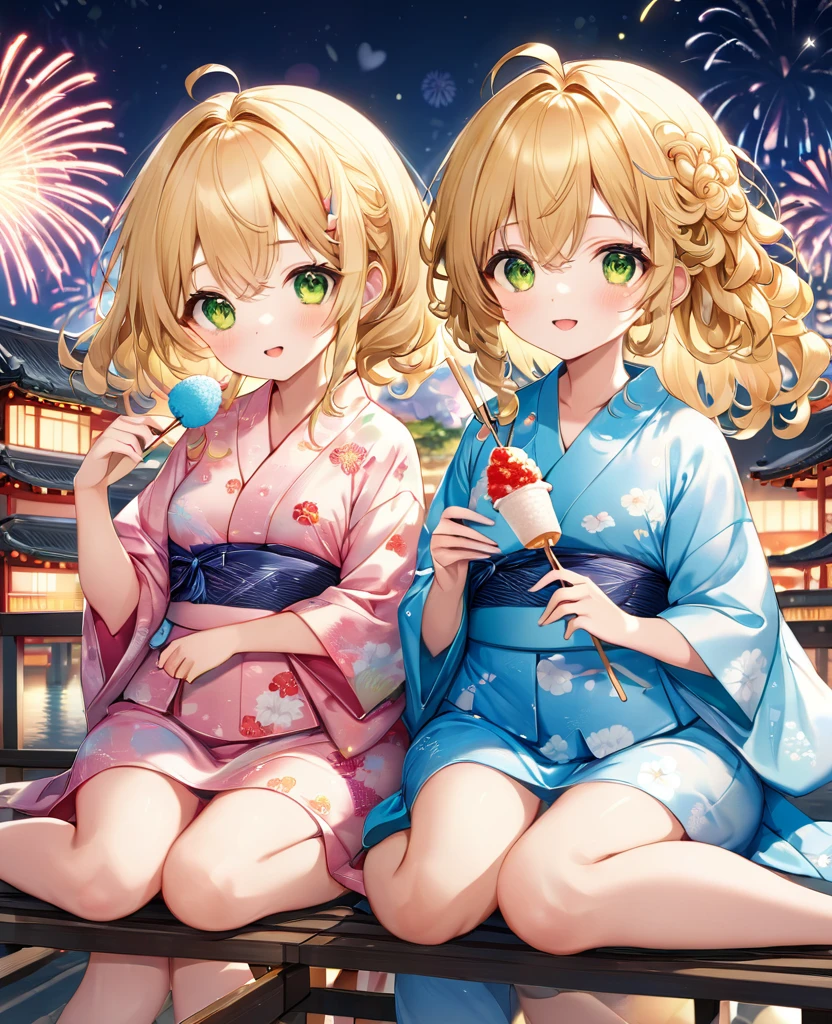 (masterpiece, best quality:1.2), (absurdres, highres, ultra-detailed), (perfect anatomy), 
Cute Girls、Sitting、Holding in hand、shaved ice、Blonde、Curly long hair、Yellow-green eyes、Cute yukata、Background sparkling fireworks、night、heart、

(8K, RAW photo:1.2),detailed face and eyes,intricate detail ,masterpiece ,sharp focus, high quality,BREAK,rating: general, newest