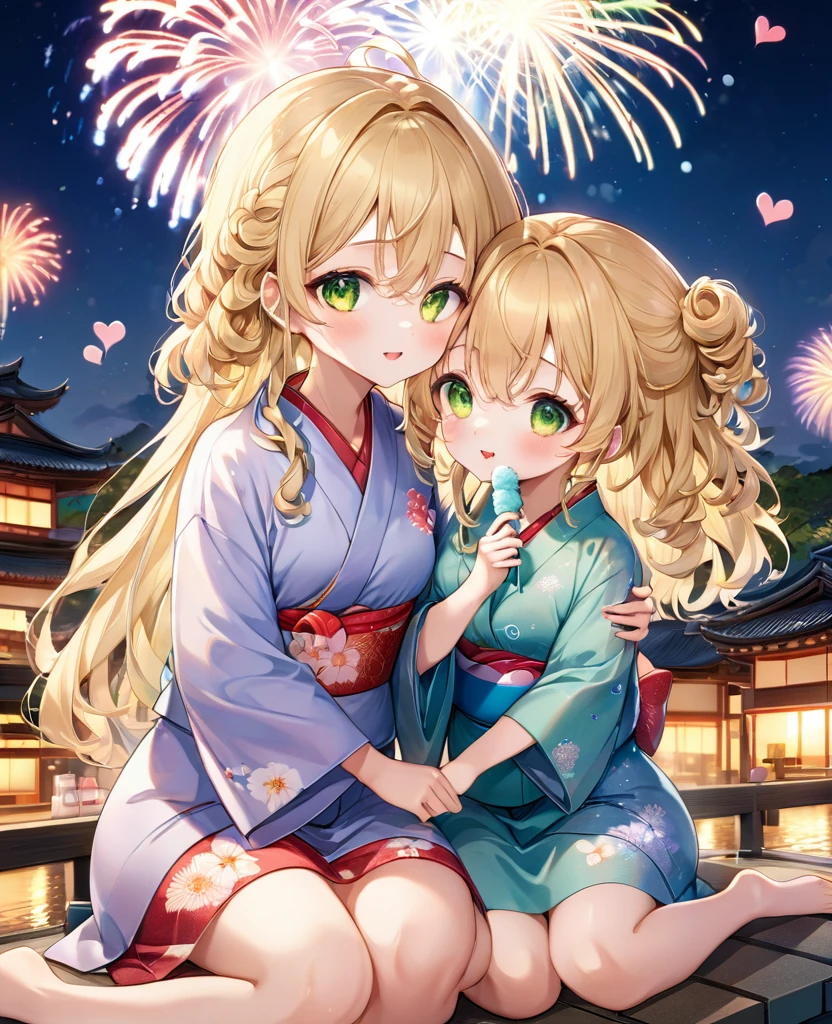 (masterpiece, best quality:1.2), (absurdres, highres, ultra-detailed), (perfect anatomy), 
Cute Girls、Sitting、Holding in hand、shaved ice、Blonde、Curly long hair、Yellow-green eyes、Cute yukata、Background sparkling fireworks、night、heart、

(8K, RAW photo:1.2),detailed face and eyes,intricate detail ,masterpiece ,sharp focus, high quality,BREAK,rating: general, newest