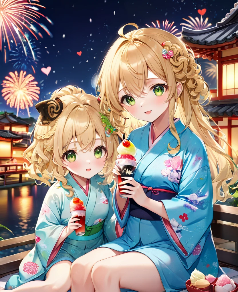 (masterpiece, best quality:1.2), (absurdres, highres, ultra-detailed), (perfect anatomy), 
Cute Girls、Sitting、Holding in hand、shaved ice、Blonde、Curly long hair、Yellow-green eyes、Cute yukata、Background sparkling fireworks、night、heart、

(8K, RAW photo:1.2),detailed face and eyes,intricate detail ,masterpiece ,sharp focus, high quality,BREAK,rating: general, newest