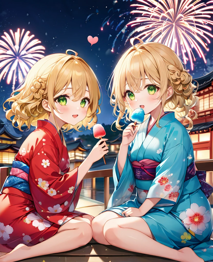 (masterpiece, best quality:1.2), (absurdres, highres, ultra-detailed), (perfect anatomy), 
Cute Girls、Sitting、Holding in hand、shaved ice、Blonde、Curly long hair、Yellow-green eyes、Cute yukata、Background sparkling fireworks、night、heart、

(8K, RAW photo:1.2),detailed face and eyes,intricate detail ,masterpiece ,sharp focus, high quality,BREAK,rating: general, newest