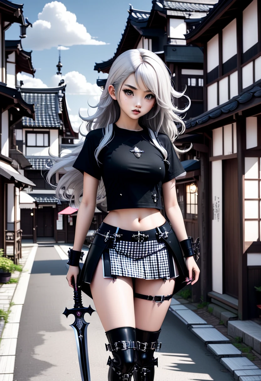 Ultra high definition、whole body、Beautiful Teenage Woman、A Japanese woman with ash-colored medium-long hair, wearing a black gothic crop top, a white cropped T-shirt, a black and white checked gothic mini skirt, black boots, carrying a huge wide sword and walking through a gothic Western town.