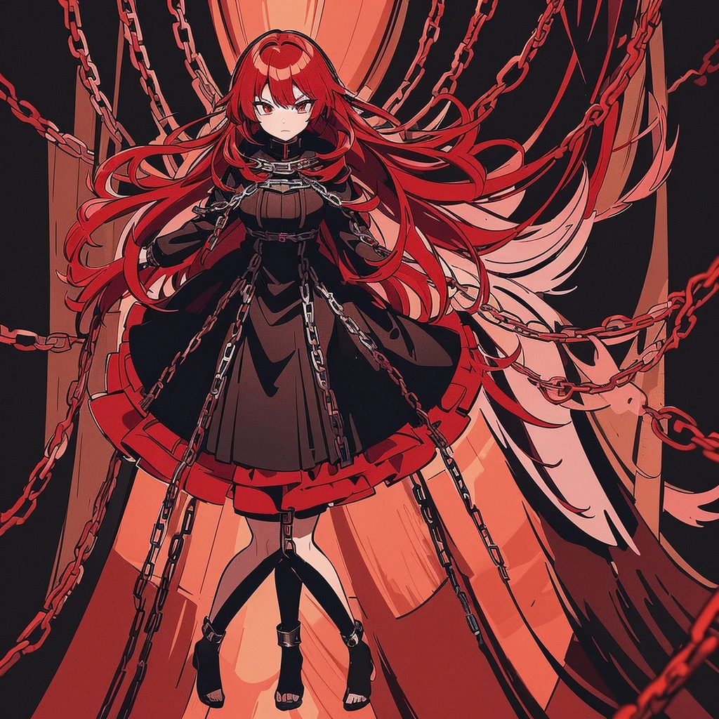 ((Red-haired girl in a dress wrapped in chains)), ((wearing a noble robe)), full body black and red longcoat, inspired by Okumura Masanobu, Anime full body illustration, Anime VTuber Full Body Model, ((full body black and red longcoat)), Anime full body illustration