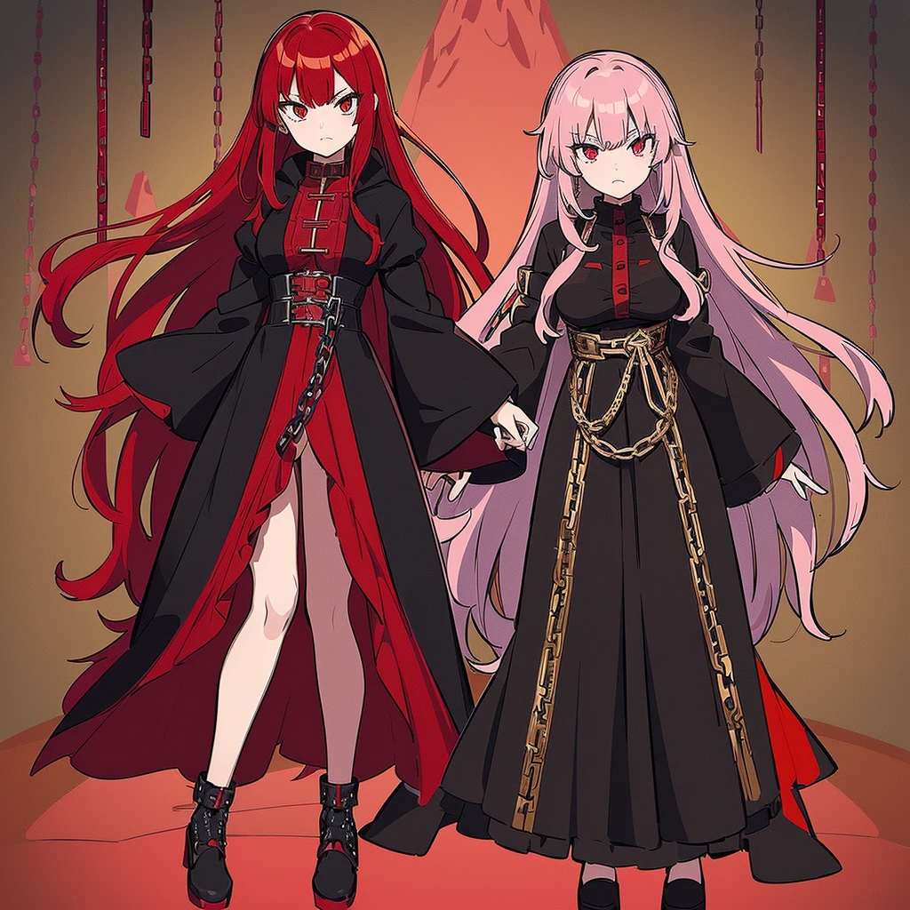 ((Red-haired girl in a dress wrapped in chains)), ((wearing a noble robe)), full body black and red longcoat, inspired by Okumura Masanobu, Anime full body illustration, Anime VTuber Full Body Model, ((full body black and red longcoat)), Anime full body illustration
