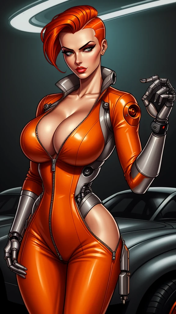 Femme Fatale, gorgeous mechanic, atompunk, blank background, retro-futurism, mechanical hand, cybernetic augments, unzipped orange jumpsuit, gunmetal grey, cleavage, half shaved head, ginger hair