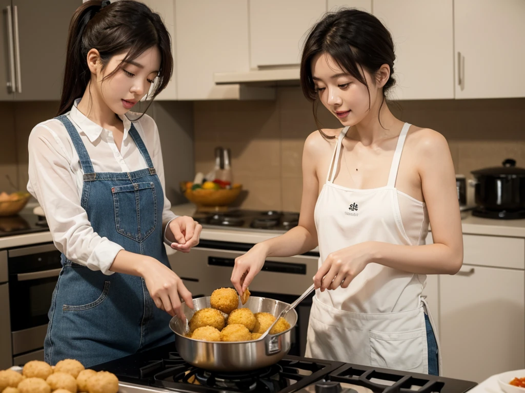 Cooking scene frying croquettes. An Asian woman in her 20s is cooking fried food in the kitchen.