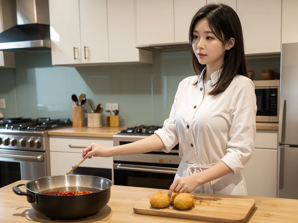 Cooking scene frying croquettes. An Asian woman in her 20s is cooking fried food in the kitchen.