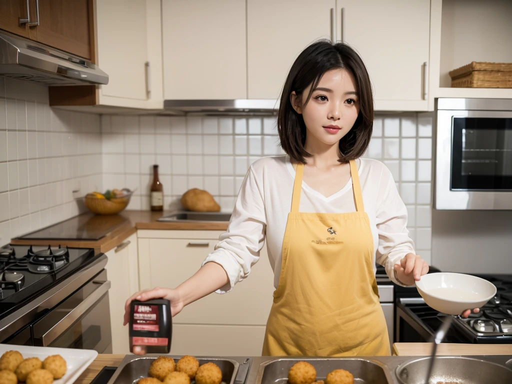 Cooking scene frying croquettes. An Asian woman in her 20s is cooking fried food in the kitchen.