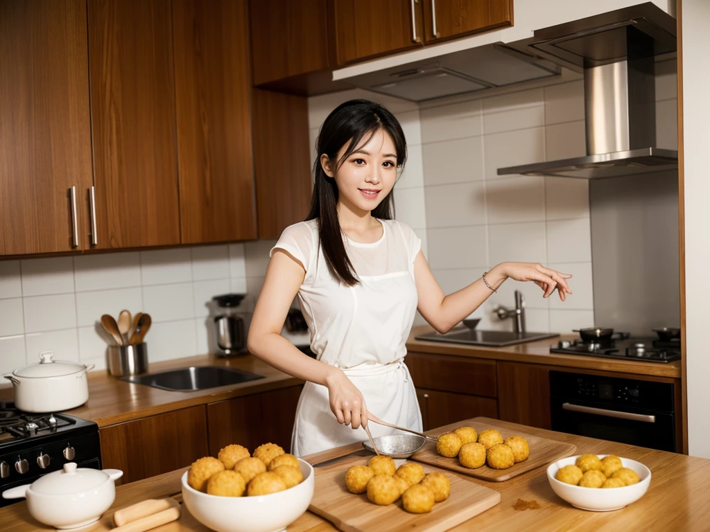 Cooking scene frying croquettes. An Asian woman in her 20s is cooking fried food in the kitchen.
