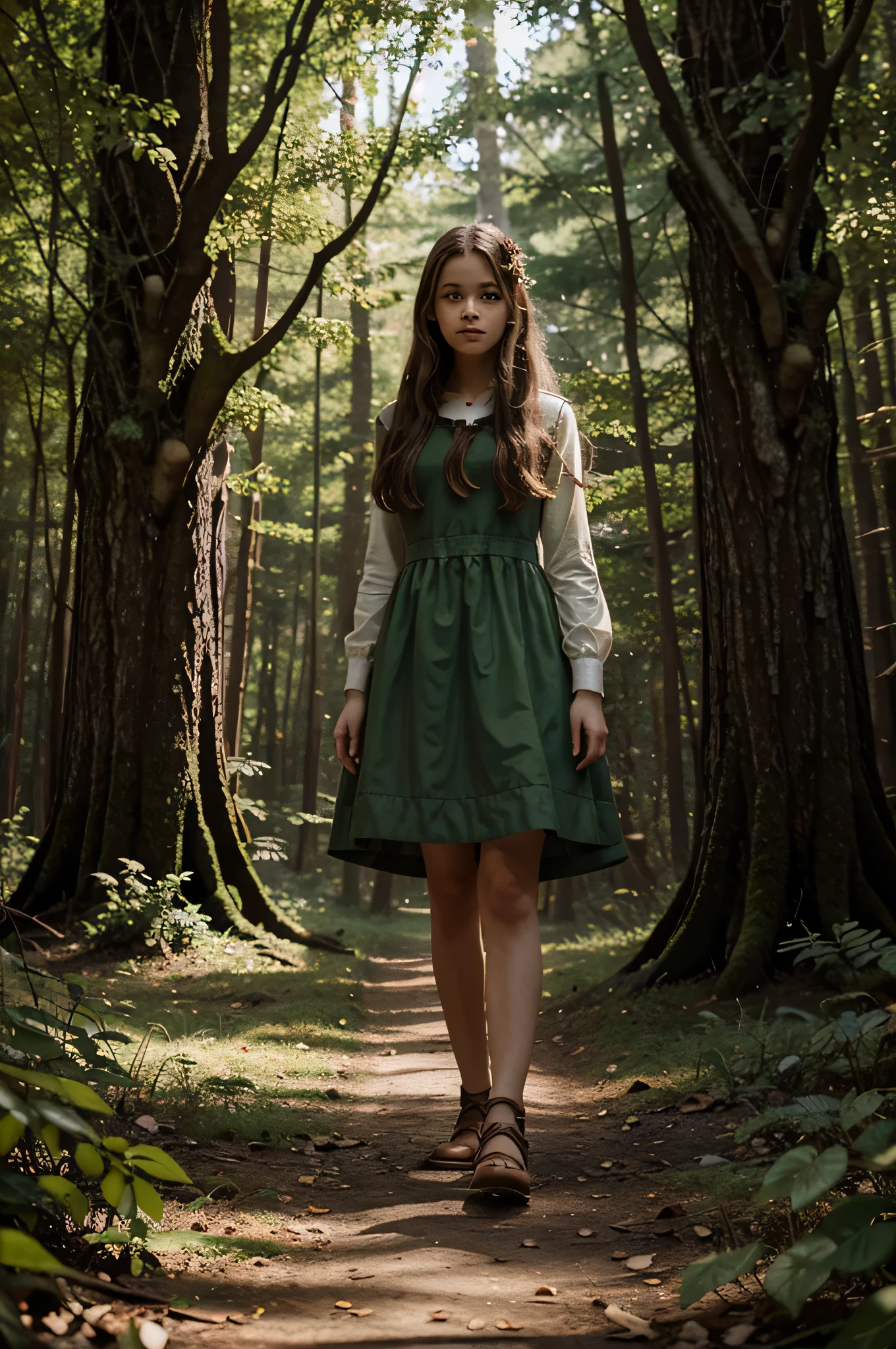 Illustration for a fairy tale about a girl standing in the forest who can talk to animals