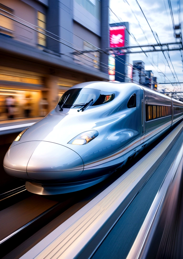 Bullet train speeding in Tokyo, motion blur, city of Tokyo, best quality, close-up view