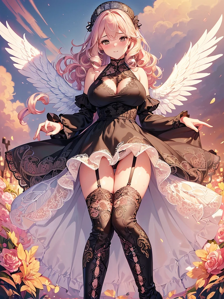 ((Highest quality)),(Ultra-high resolution),(Very detailed),(Detailed Description),((The best CG)),(A masterpiece),Ultra-detailed art,Amazing painting art,(Works with precise details:1.5), (1 female:1.6),(Beautiful and well-proportioned face:1.5),(Curly Hair:1.6),(Intricately detailed sexy lace dress:2.0),Fine jewellery with exquisite detailing:1.5,Waist Accessories:1.5,Look at me and smile:1.5, (See-through nipples), Angel Girl, (((Magnificent white angel wings on his back:1.2))), Mature Woman,Descended into the church,(Pastel colored hair:1.3),(Red and black long high heel boots:1.4), (garter belt), (stockings)、 (Floating in the sky with magical powers:1.2),(Floating skirt:1.5), (Embarrassed expression, blush:1.2),(bracelet), (Sparkling Eyes)、(full body)、(multiple views)