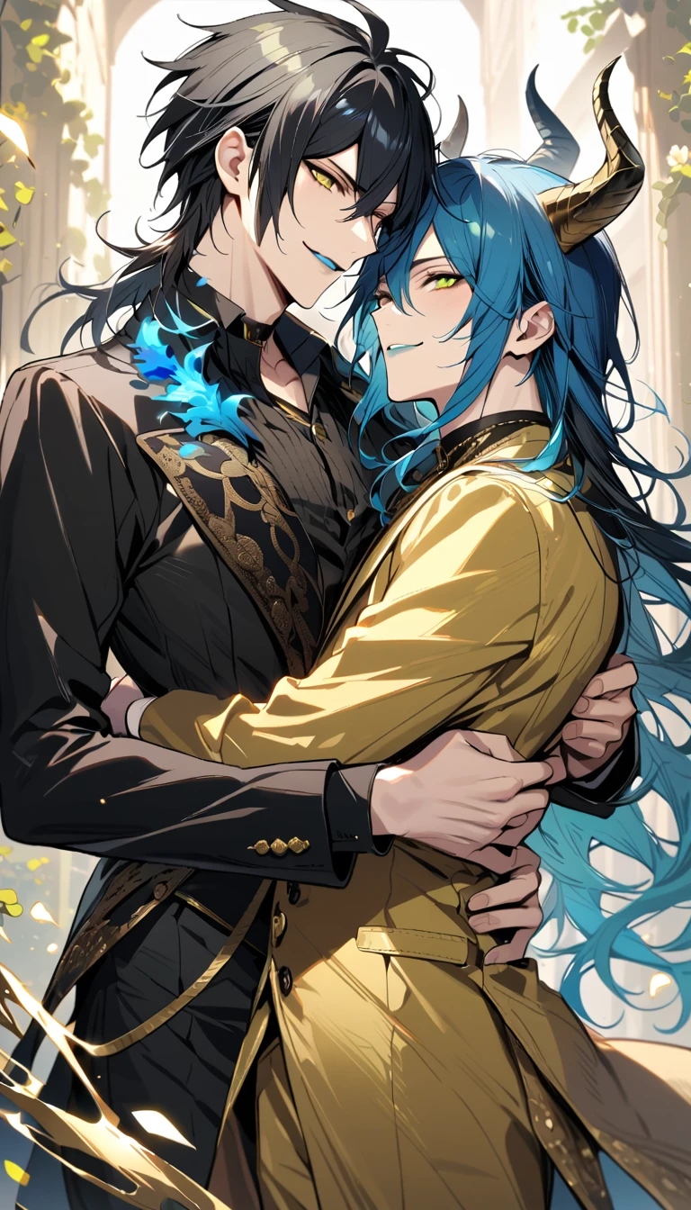 (pieces fly), (highest quality), very detailed, ((two men)), perfect face, beautiful face, very detailed face, (black haired man:1.3)，(blue haired man:1.3)，suit，shirt，smile，flower, (1st boy,Idia Shroud, bishounen, boy, male, extremely long hair, blue hair, blue fire hair, wavy hair, yellow eyes, tired expression, blue lips, handsome, skinny, geeky, blue glow, shark teeth,) (2nd boy, malleus draconia \(twisted wonderland\) horns, bishounen, boy, male, long hair, black hair, yellow green eyes, smile, gray lips, handsome, skinny, tall, yellow green glow,)  Two men are hugging each,