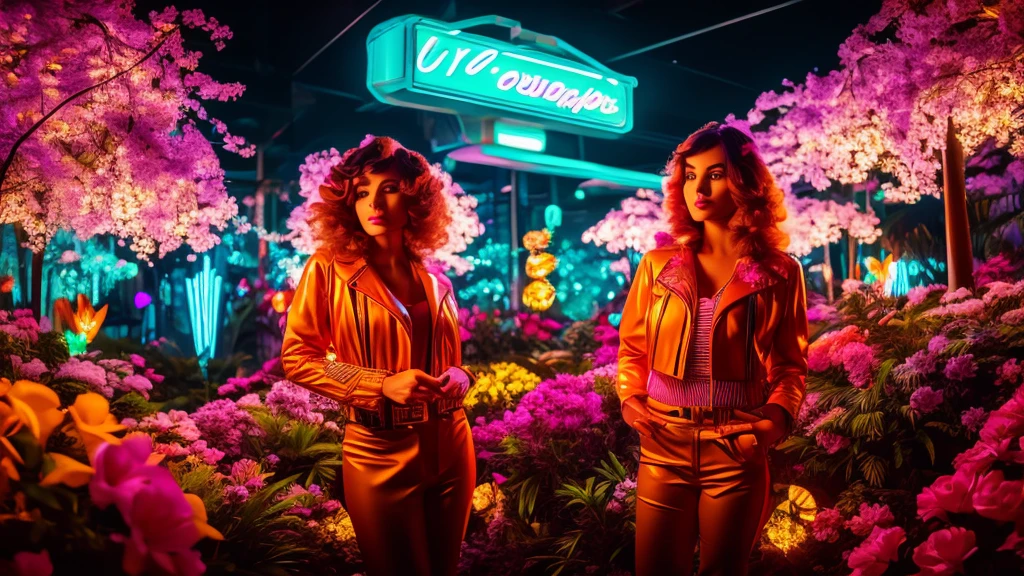 one  beautiful woman standing in a neon-lit enchanted garden, surrounded by colorful glowing flowers, looking serene and curious, 70s style, synthwave aesthetic