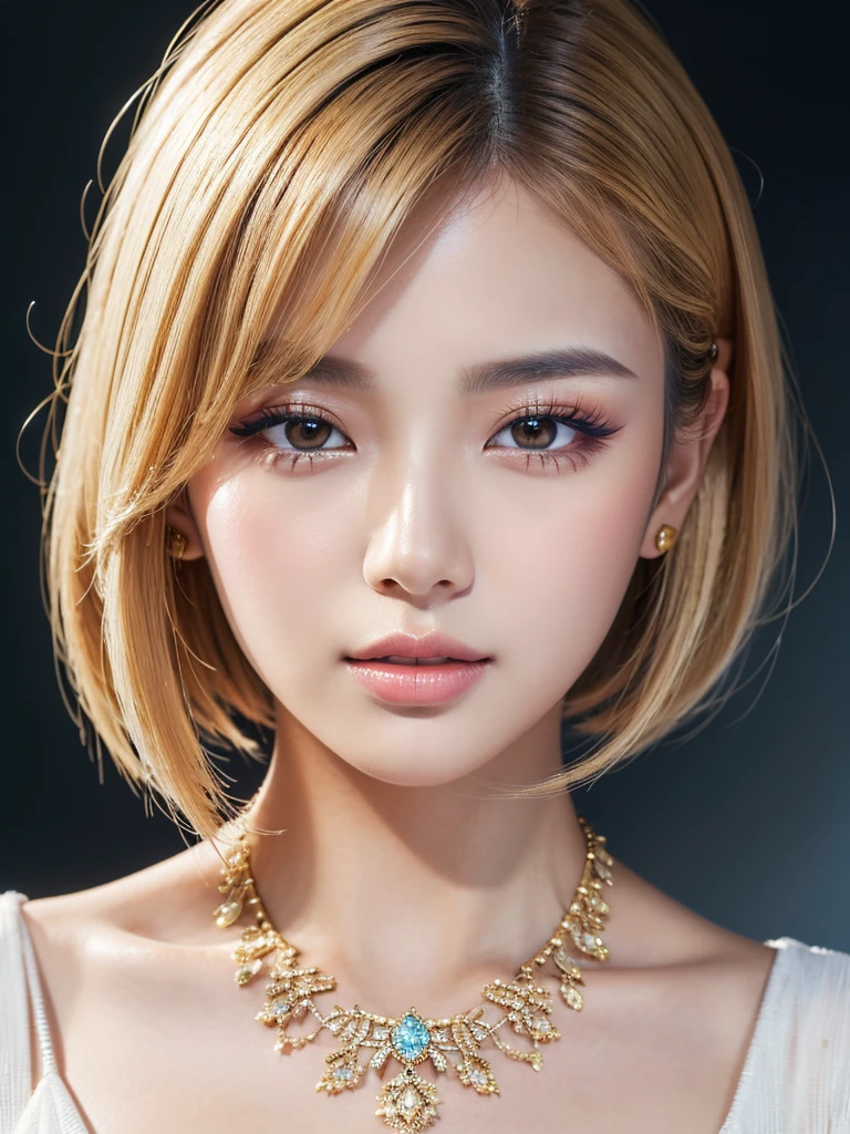 a beautiful young korean idol woman, 1girl, detailed eyes, beautiful detailed lips, long eyelashes, extremely detailed face and skin, flawless makeup, elegant expression, intricate jewelry, detailed clothing, complex background, (best quality,4k,8k,highres,masterpiece:1.2),ultra-detailed,(realistic,photorealistic,photo-realistic:1.37),studio lighting,HDR,vivid colors,professional photography,short bob,blonde hair
