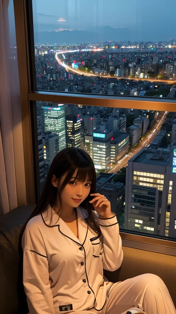25 years old, Japanese woman, beautiful, pajamas, sitting on sofa, Tokyo night view from window