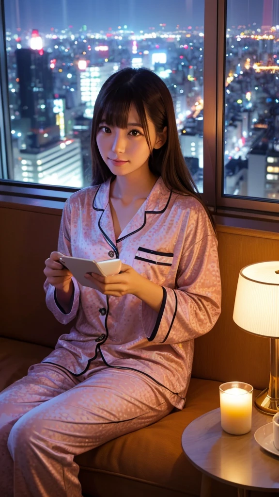 25 years old, Japanese woman, beautiful, pajamas, sitting on sofa, Tokyo night view from window
