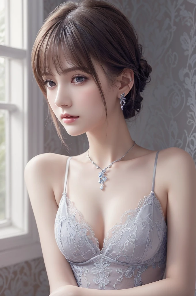 darkblue lace thong&Good, (((Very elegant and beautiful, Perfect detail, Super detailed))), whole body, The most detailed girl, Depth of written boundary, 美しく詳細なwhole body, Thin legs, 1 girl, 30 years old, Very short hair, Spiked Hair, Gray and silver hair, Beautiful detailed hair, Perfect Face, Expressionless, Beautifully detailed deep eyes, Open your mouth a little, Delicate arms and hands, Pale skin, Earrings, Beautiful and gorgeous necklace, Colorful background, HD background, Blurred Background, Very delicate and beautiful, Masterpiece, (((Highest quality, Very beautiful 8K CG wallpaper))), (((Trendy hairstyles))), (Inside the room,Stylish interior,window),