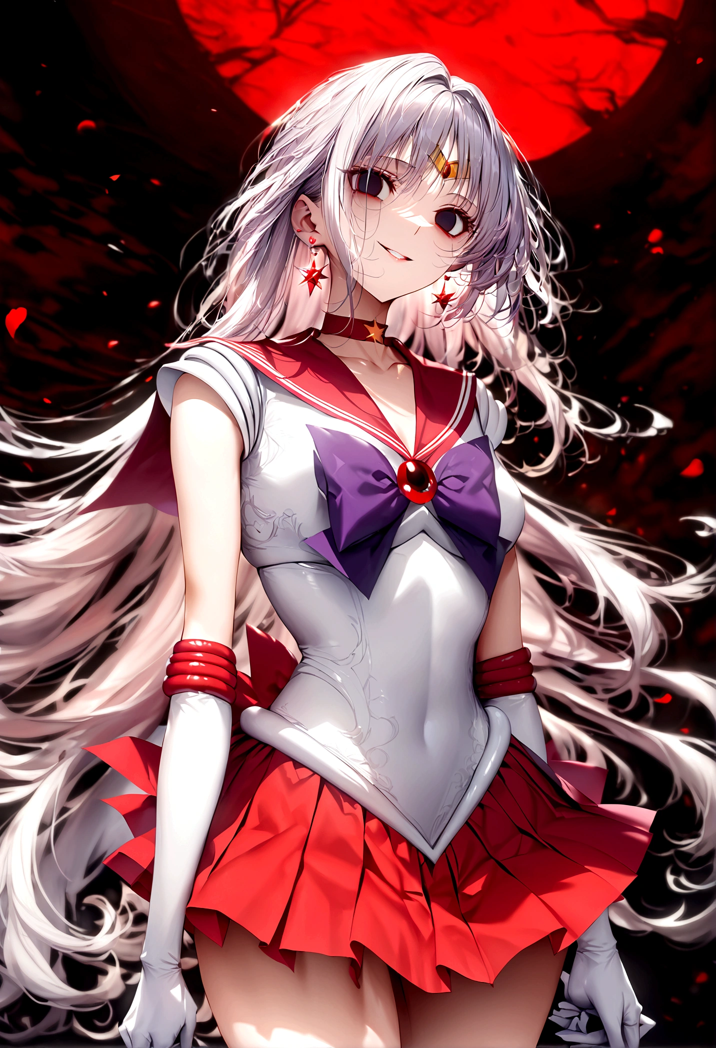 (masterpiece, Highest quality, so beautiful, Super detailed), Intricate details, 12k, Honestly, red eyes, Raamars, long hair, black hair, tiara, earrings, red choker, red sailor collar, purple bowtie, white shirt, elbow gloves, white gloves, pleated skirt, red skirt, bare legsAre standing, full body,,(evil smile:1.2), 1girl,(Silver Hair:1.4),(empty eyes,:1.4),from below,looking dawn,dark aura,View your viewers