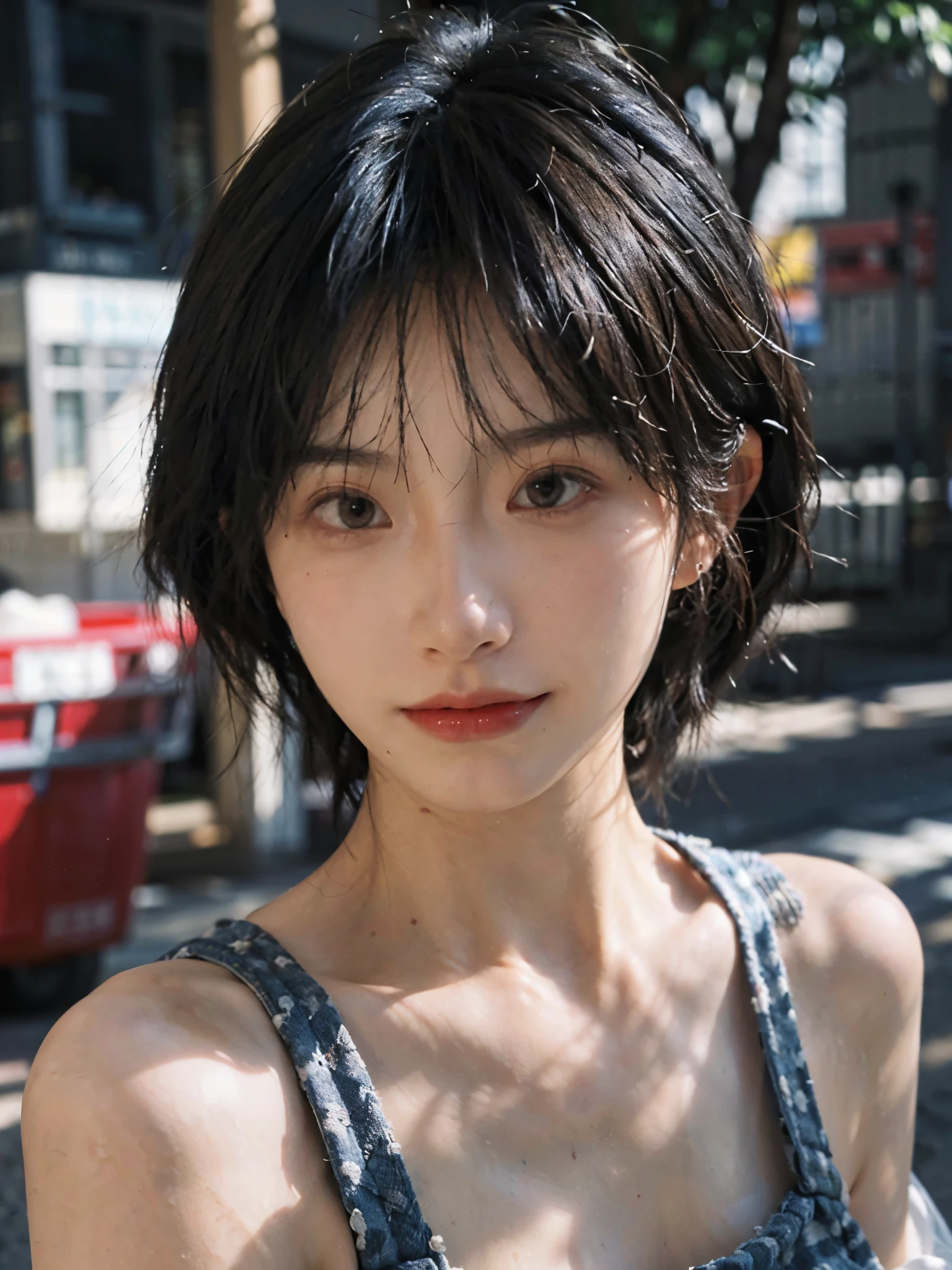 (Skin details:1.4), (smooth skin textures:1.3), （Upper body：1.4），（Upper Body：1.3）Lipstick, background, earrings, serene, calm, Suspenders，(Realistic and detailed eyes：1.2）, Natural skin texture, Realistic facial details, Soft dramatic lighting, Vivid details, 35 mm film, outdoor, (Photo Practical:1.4), (hyper Practical:1.4), (Practical:1.3), (Smoother lighting:1.05), (Improve lighting quality:0.9), (Highest quality real skin textures:1.4), Exquisite eyes, Delicate face, Close-up of face, (Enhance the beauty of skin texture:1.1), Hair details,（Large Breasts：1.3）， short hair, Moles under the eyes, A faint smile,Portrait Photography, Depth of Field, Bokeh, Surrealism, Ray Tracing, (Portrait Photography:1.1), Surrealism, High Detail, Chiaroscuro, Ray Tracing, reflected light, Ultra HD, Ultra HD, masterpiece, Textured Skin, Super Detail, High Detail, high quality, best quality