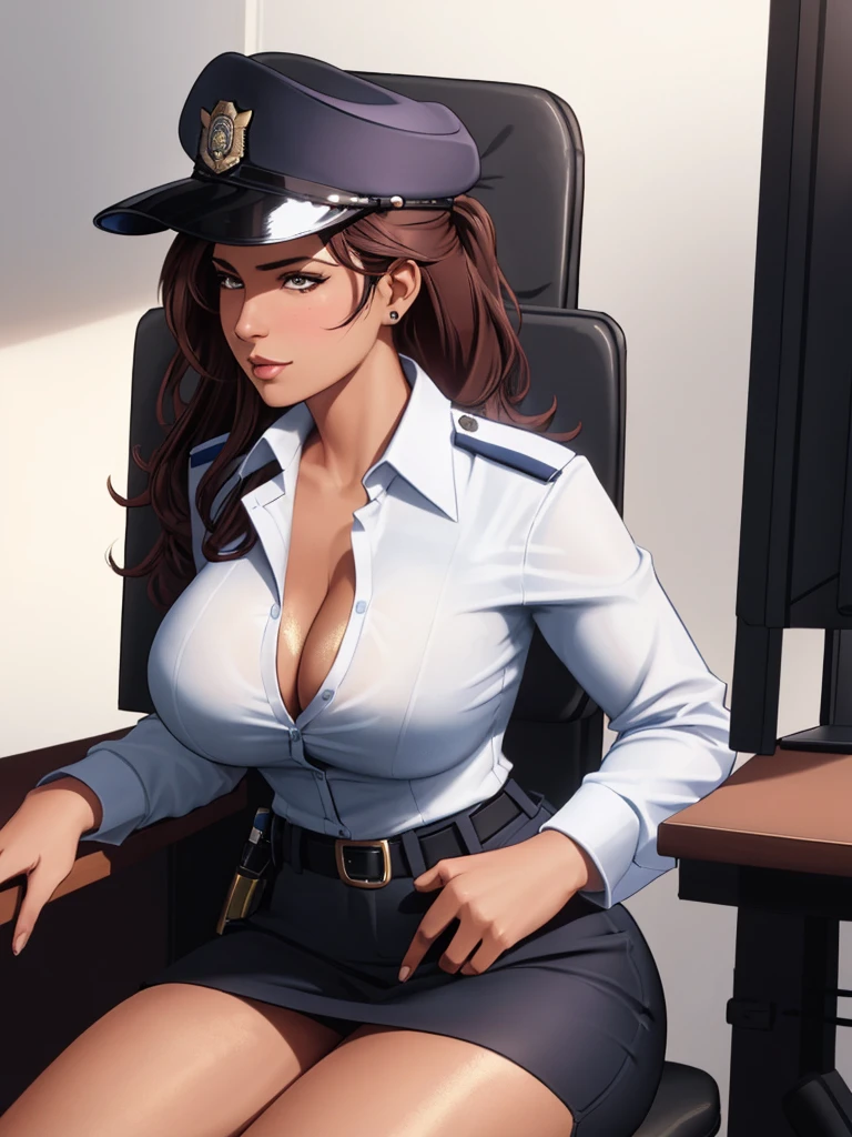 A photo of a busty female police, police hat, sitting on a chair, in an office cubicle, seductive expression, cleavage:1.2, unbuttoned shirt, side view, (detailed skin complexion:1.2), best quality, deep color, complex shading effect, natural lighting effect, ambient occlusion, highly detailed textures