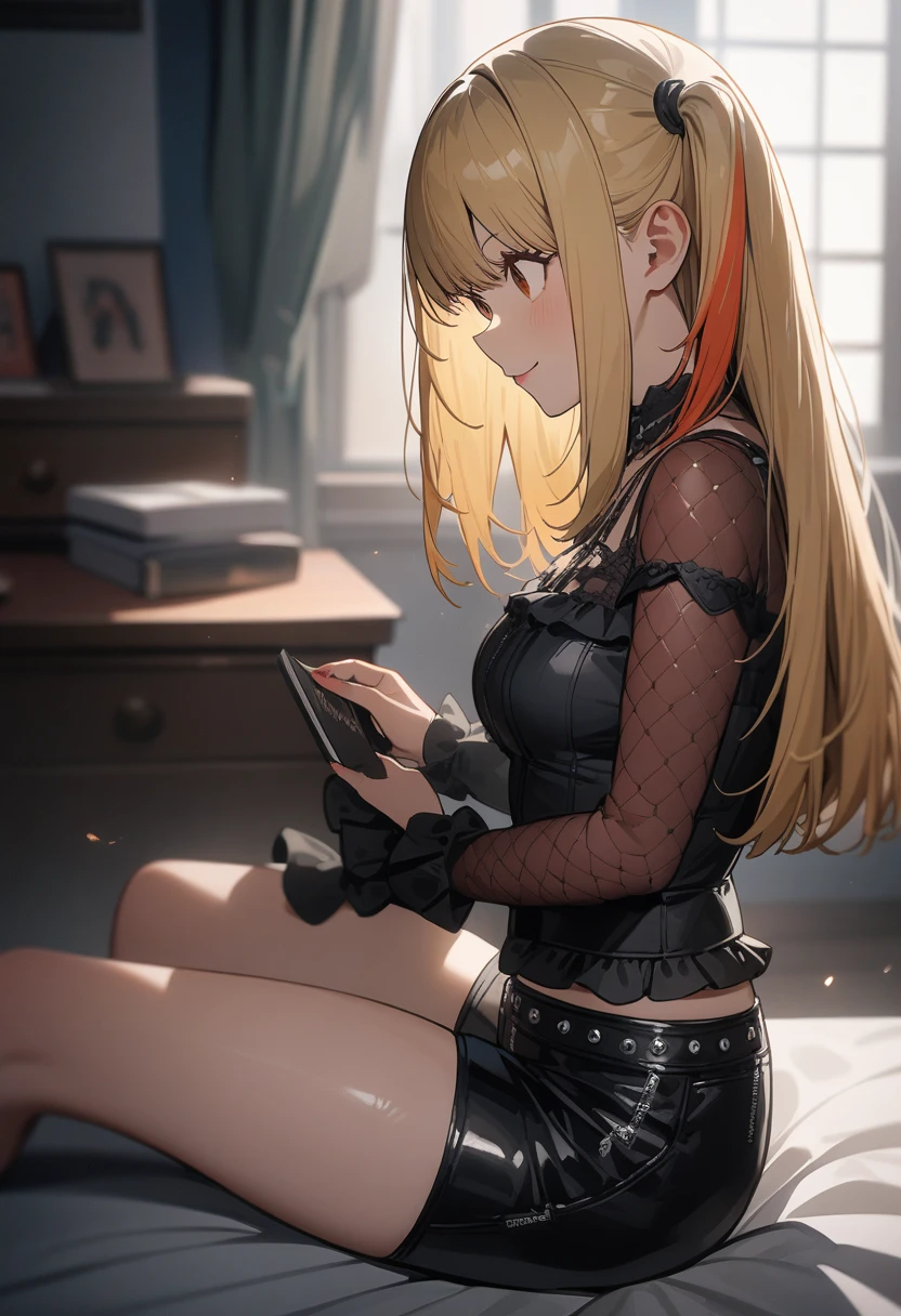1girl,solo,(amane misa, death note:1.1),super detailed skin,shiny skin,natural smile,blonde hair,sidelocks,short twintails,long hair,medium breasts,Punk ta,gothic shorts,2D,anime,from side,sitting,girl's bedroom,masterpiece,best quality,ultra detailed,high resolution,sharp focus,depth of field,