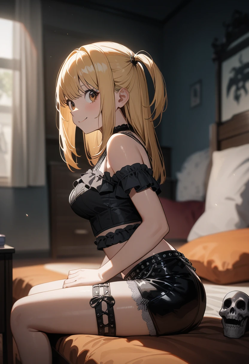 1girl,solo,(amane misa, death note:1.1),super detailed skin,shiny skin,natural smile,blonde hair,sidelocks,short twintails,long hair,medium breasts,Punk Lolita,gothic shorts,2D,anime,arms behind,from side,sitting,girl's gothloli bedroom,masterpiece,best quality,ultra detailed,high resolution,sharp focus,depth of field,