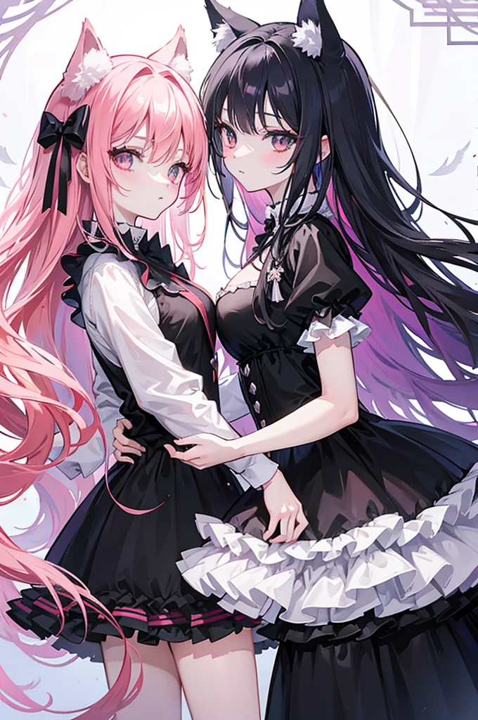 anime style,Occult magazine cover style,book title is "END OF THE WORLD",2people looks like 2girls,
1of2=cute shota with cat ears angel, long pink hair, angel ring, angel wings, white frilly dress,
///
2of2=cute shota with wolf ears fenrir, looks like a girl, long black hair, wolf tail, black frilly dress, gothic skirt,