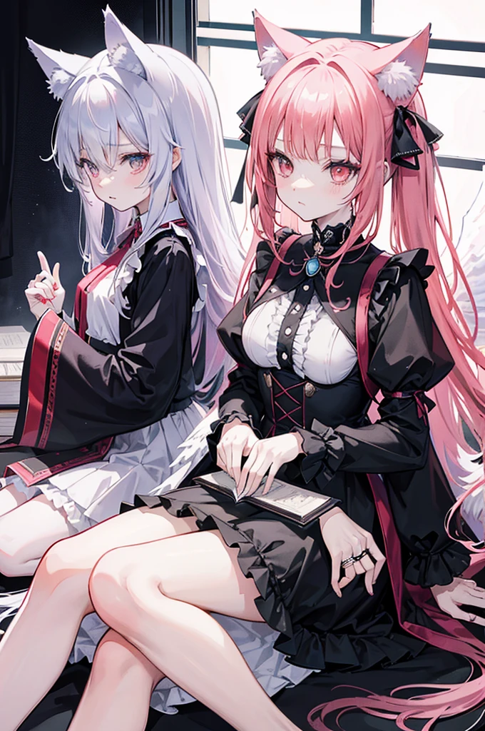 anime style,Occult magazine cover style,book title is "END OF THE WORLD",2people looks like 2girls,
1of2=cute shota with cat ears angel, long pink hair, angel ring, angel wings, white frilly dress,
///
2of2=cute shota with wolf ears fenrir, looks like a girl, long black hair, wolf tail, black frilly dress, gothic skirt,