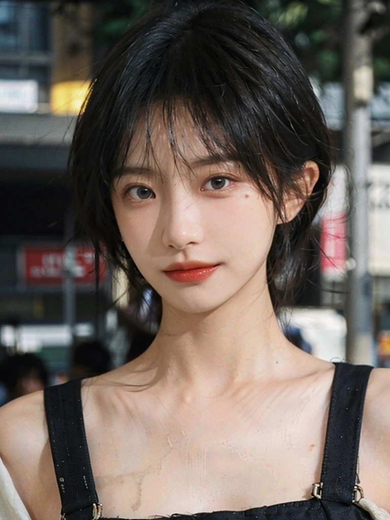 (Skin details:1.4), (smooth skin textures:1.3), (Upper body:1.4),(Upper Body:1.3)Lipstick, background, earrings, serene, calm, Suspenders,(Realistic and detailed eyes:1.2), Natural skin texture, Realistic facial details, Soft dramatic lighting, Vivid details, 35 mm film, outdoor, (Photo Practical:1.4), (hyper Practical:1.4), (Practical:1.3), (Smoother lighting:1.05), (Improve lighting quality:0.9), (Highest quality real skin textures:1.4), Exquisite eyes, Delicate face, Close-up of face, (Enhance the beauty of skin texture:1.1), Hair details,(Large Breasts:1.3)normal body ratio, short hair, Moles under the eyes, A faint smile,Portrait Photography, Depth of Field, Bokeh, Surrealism, Ray Tracing, (Portrait Photography:1.1), Surrealism, High Detail, Chiaroscuro, Ray Tracing, reflected light, Ultra HD, Ultra HD, masterpiece, Textured Skin, Super Detail, High Detail, high quality, best quality