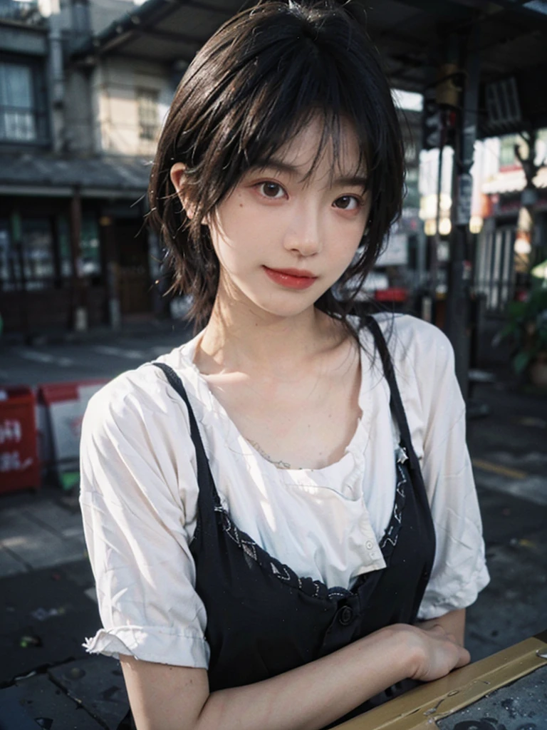 (Skin details:1.4), (smooth skin textures:1.3), (Upper body:1.4),(Upper Body:1.3)Lipstick, background, earrings, serene, calm, Suspenders,(Realistic and detailed eyes:1.2), Natural skin texture, Realistic facial details, Soft dramatic lighting, Vivid details, 35 mm film, outdoor, (Photo Practical:1.4), (hyper Practical:1.4), (Practical:1.3), (Smoother lighting:1.05), (Improve lighting quality:0.9), (Highest quality real skin textures:1.4), Exquisite eyes, Delicate face, Close-up of face, (Enhance the beauty of skin texture:1.1), Hair details,(Large Breasts:1.3)normal body ratio, short hair, Moles under the eyes, A faint smile,Portrait Photography, Depth of Field, Bokeh, Surrealism, Ray Tracing, (Portrait Photography:1.1), Surrealism, High Detail, Chiaroscuro, Ray Tracing, reflected light, Ultra HD, Ultra HD, masterpiece, Textured Skin, Super Detail, High Detail, high quality, best quality