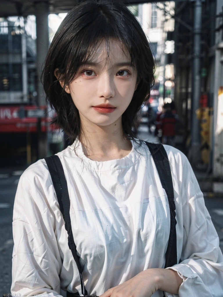 (Skin details:1.4), (smooth skin textures:1.3), (Upper body:1.4),(Upper Body:1.3)Lipstick, background, earrings, serene, calm, Suspenders,(Realistic and detailed eyes:1.2), Natural skin texture, Realistic facial details, Soft dramatic lighting, Vivid details, 35 mm film, outdoor, (Photo Practical:1.4), (hyper Practical:1.4), (Practical:1.3), (Smoother lighting:1.05), (Improve lighting quality:0.9), (Highest quality real skin textures:1.4), Exquisite eyes, Delicate face, Close-up of face, (Enhance the beauty of skin texture:1.1), Hair details,(Large Breasts:1.3)normal body ratio, short hair, Moles under the eyes, A faint smile,Portrait Photography, Depth of Field, Bokeh, Surrealism, Ray Tracing, (Portrait Photography:1.1), Surrealism, High Detail, Chiaroscuro, Ray Tracing, reflected light, Ultra HD, Ultra HD, masterpiece, Textured Skin, Super Detail, High Detail, high quality, best quality