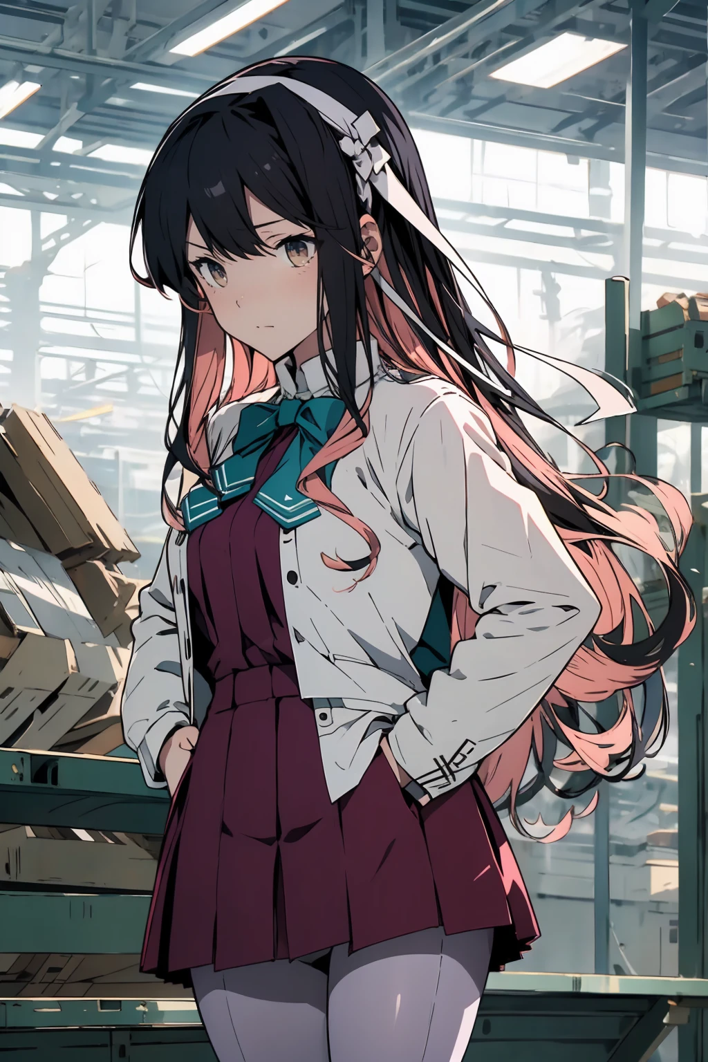 masterpiece, best quality, highres, hmngnm, naganami \(kancolle\), multicolored hair, white hairband, white jacket, purple dress, , grey pantyhose, aqua bowtie, long sleeves, cowboy shot, Inside the factory