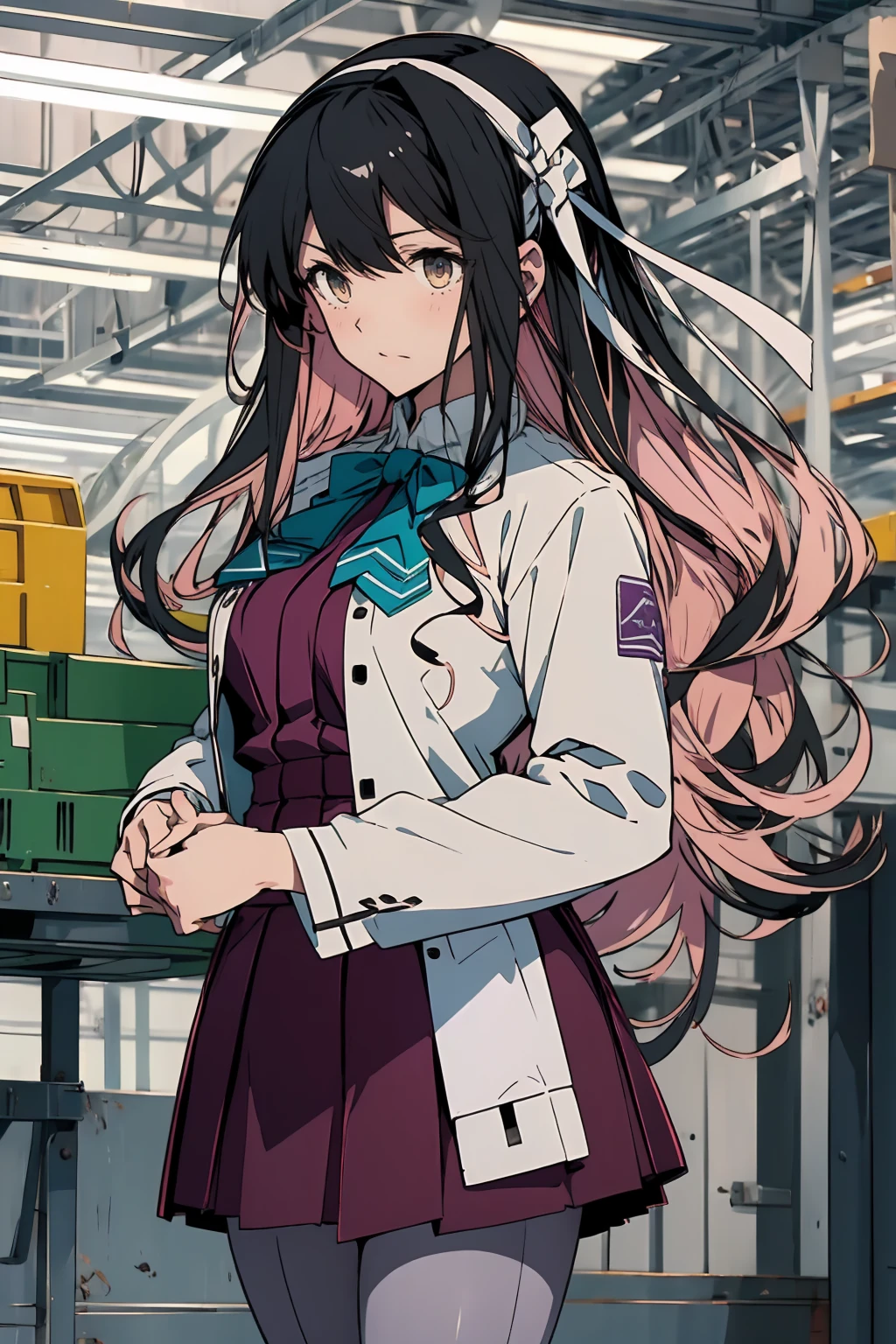 masterpiece, best quality, highres, hmngnm, naganami \(kancolle\), multicolored hair, white hairband, white jacket, purple dress, , grey pantyhose, aqua bowtie, long sleeves, cowboy shot, Inside the factory