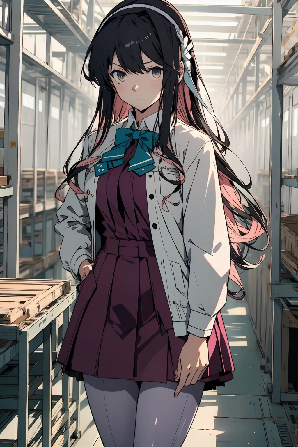 masterpiece, best quality, highres, hmngnm, naganami \(kancolle\), multicolored hair, white hairband, white jacket, purple dress, , grey pantyhose, aqua bowtie, long sleeves, cowboy shot, Inside the factory