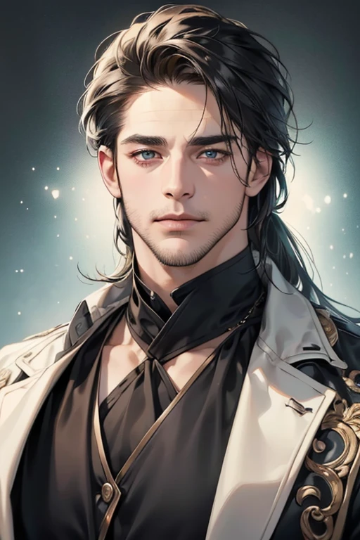 (best quality,4k,8k,highres,masterpiece:1.2),ultra-detailed,(realistic,photorealistic,photo-realistic:1.37),30 year old man,3 day beard,handsome anime,portraits,strong,masculine,dark hair,sharp jawline,mesmerizing eyes,perfectly styled hair,cool anime outfit,confident expression,vibrant colors,dynamic lighting, CEO and expression smile in love.