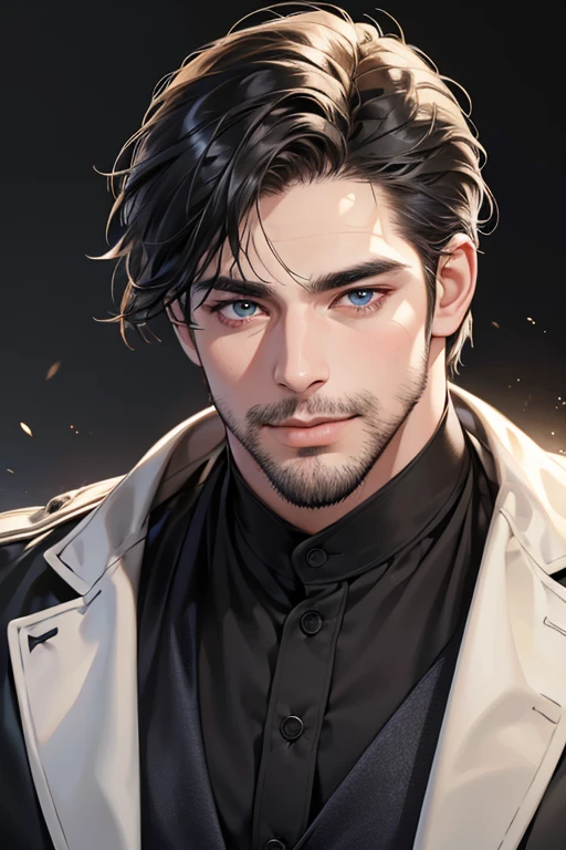 (best quality,4k,8k,highres,masterpiece:1.2),ultra-detailed,(realistic,photorealistic,photo-realistic:1.37),30 year old man,3 day beard,handsome anime,portraits,strong,masculine,dark hair,sharp jawline,mesmerizing eyes,perfectly styled hair,cool anime outfit,confident expression,vibrant colors,dynamic lighting, CEO and expression smile in love.

