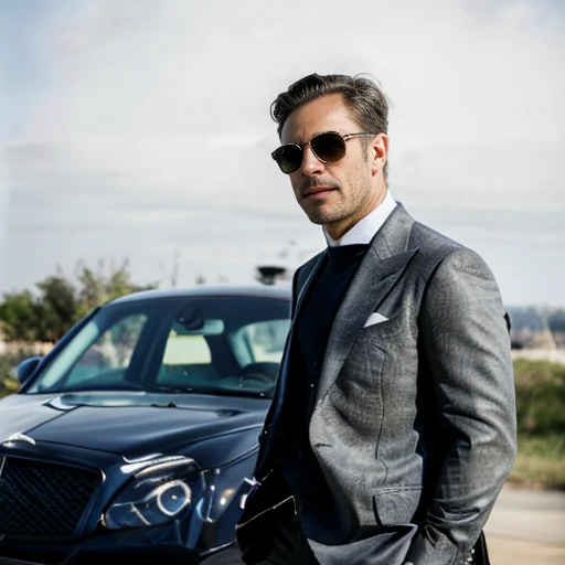 This captivating image presents a striking portrait of an elegant, well-dressed individual against the backdrop of a private jet and luxury automobile. The subject's refined appearance, from his tailored cream-colored jacket and chino pants to his polished leather shoes, exudes a sense of sophistication and affluence.

The subject's confident, poised stance, with one hand on the handle of a vintage-inspired suitcase, conveys a commanding presence. His dark, neatly styled hair and sunglasses contribute to an air of mystery and exclusivity, suggesting a lifestyle of luxury and travel.

The sleek, silver Bentley car in the foreground, with its distinctive grille and prominent branding, further reinforces the high-end, indulgent setting. The private jet in the background, with its gleaming fuselage and pristine exterior, adds to the overall impression of wealth, power, and the subject's privileged access to the trappings of success.

The placement of the subject between the two modes of transportation, with the car and jet serving as visual bookends, creates a well-balanced, visually striking composition. The muted, overcast lighting and the minimalist, industrial-inspired backdrop contribute to the cinematic quality of the image, inviting the viewer to imagine the intriguing stories and experiences that may have unfolded within this exclusive realm.

This portrait captivates the viewer, showcasing the subject's refined style, affluent lifestyle, and the allure of the high-end, globetrotting existence.