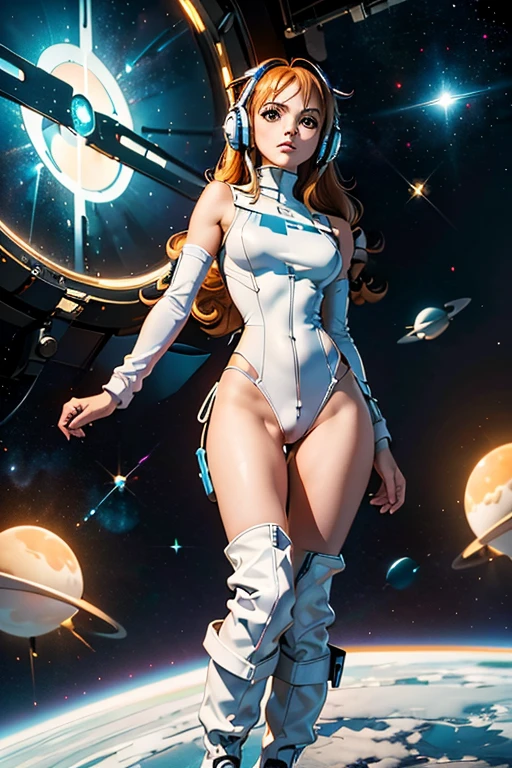 (masterpiece), best quality, expressive eyes, perfect face, front lighting, (space station background), (posing), (seductive look), (cleavage view), (1girl, Nami, 18 years old, orange hair, long hair, wavy hairstyle, brown eyes, hourglass figure, left shoulder tattoo, skinny body, thin body, petite_body, small breasts, wide hips, thick thighs), (cyber punk style, white zip-up cyber punk onepiece bodysuit, white onepiece bikini, turtle neck, sleeveless, white boots, white antenna headset),