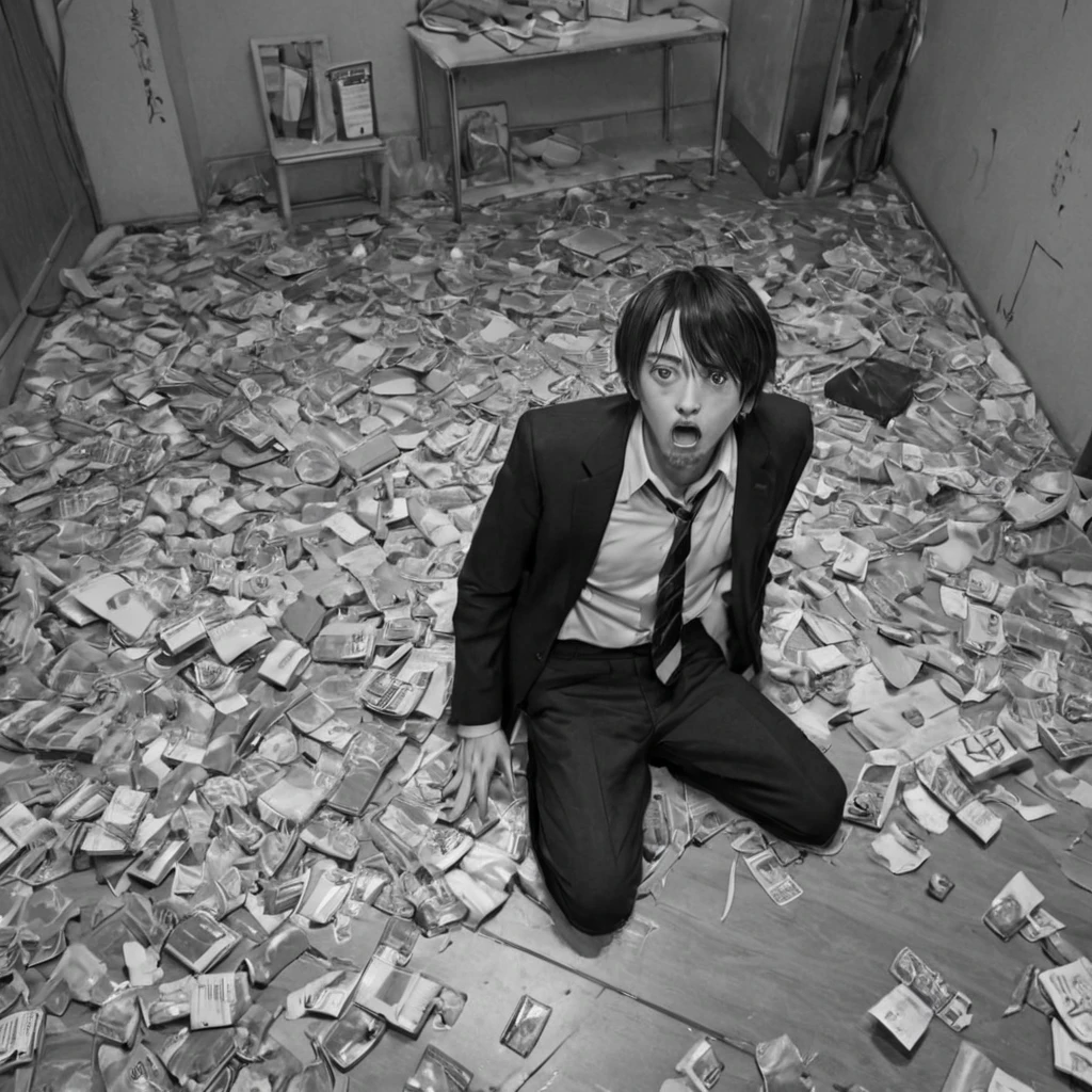 throwing trash on the floor, (anime), bizarre scenario, This is Junji, Yusuke Murata, black and white, 8K, anime, horror