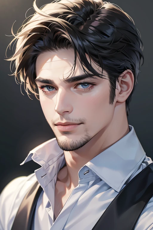 (best quality,4k,8k,highres,masterpiece:1.2),ultra-detailed,(realistic,photorealistic,photo-realistic:1.37),30 year old man,3 day beard,handsome anime,portraits,strong,masculine,dark hair,sharp jawline,mesmerizing eyes,perfectly styled hair,cool anime outfit,confident expression,vibrant colors,dynamic lighting, CEO and expression smile in love.