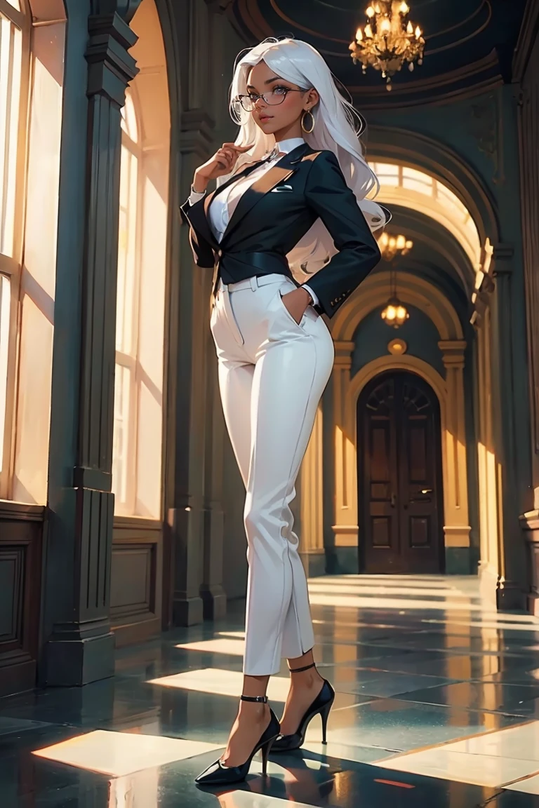 Goddess ((goddess-like woman)), slim elegant silhouette, masterpiece, (close angle), best quality, dark skin, sweet face, (masterpiece:1,2, best quality), (real picture, intricate details), (1 lady , solo, medium tits, slim waistline, ), (with long hair), a woman with long hair, withe hair, long wavy white hair, turquoise eyes, she has an impressive presence.,bracelet, hoop earrings, jewelry, beautiful face, beautiful eyes, Side Pose, Side View, She wears business attire, wears appropriate clothing for work, blazer, blouse, trousers, high heels, glasses, She is a first-time person, wears glasses and her hair is tied appropriately, standing, the jewelry gives her overall appearance a touch of glamor. sweet smile, thigh gap, sweet irresistible smile, elegant pose, elegant hands, beautiful hands, perfect fingers, background: room, hall, entrance hall, office building,