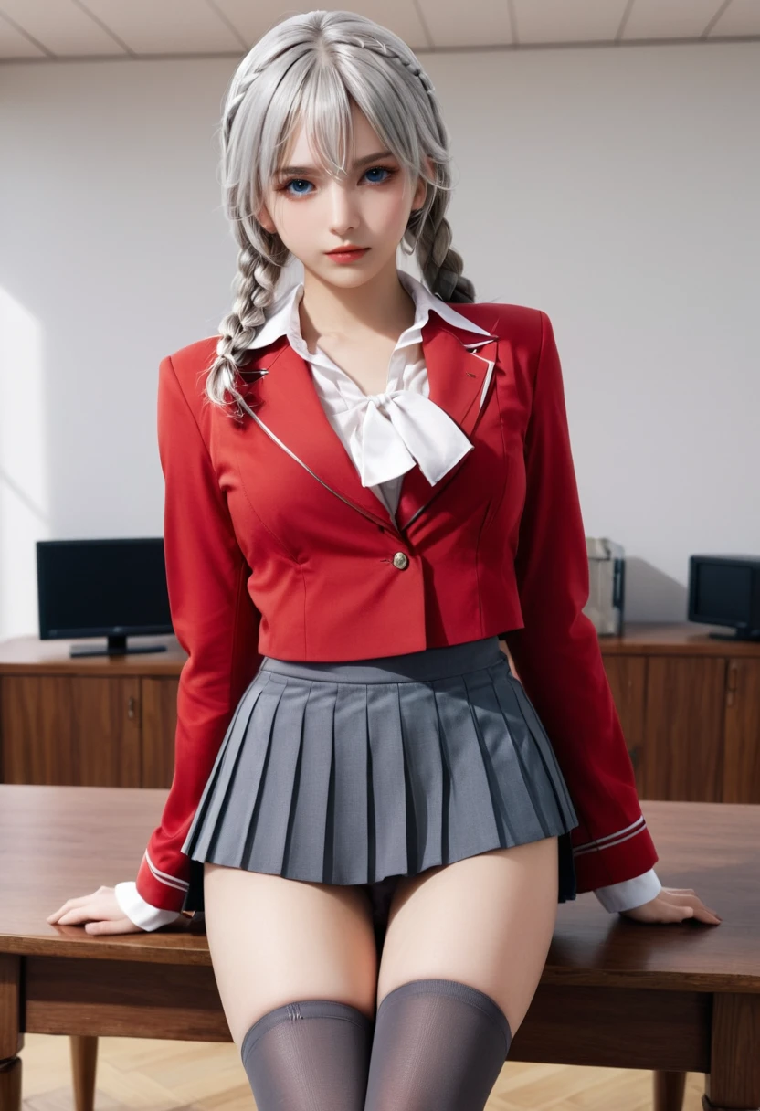 "1 girl, incredibly detailed 8k computer graphics, perfect model, mesmerizing idol, Stunning face, unearthly beauty, virgin white hair, ring braids, Charming Blue Eyes, Kakegurui , red blazer, White shirt, pleated gray skirt, brown tights, sat on the table , whole body, legs spread, pussy visible, thong mesh, unbutton your shirt, bare chest, Background room