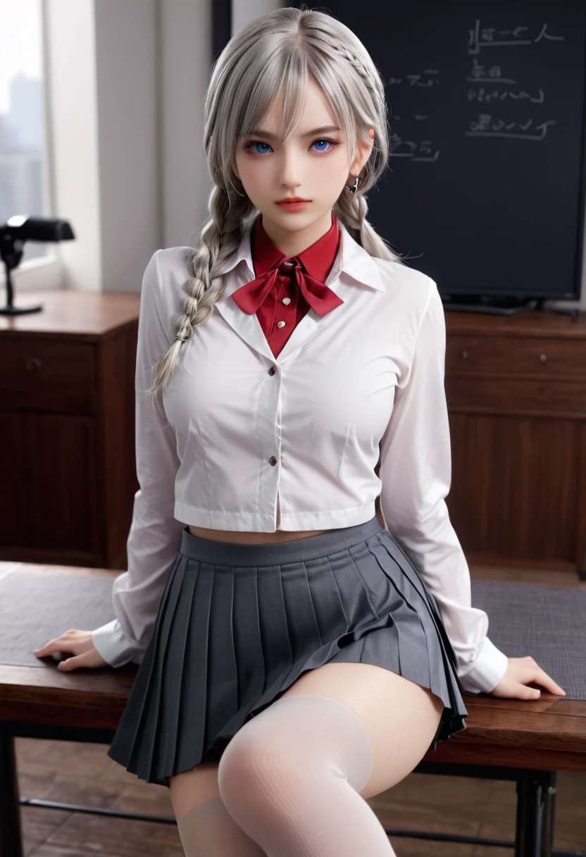 "1 girl, incredibly detailed 8k computer graphics, perfect model, mesmerizing idol, Stunning face, unearthly beauty, virgin white hair, ring braids, Charming Blue Eyes,  Kakegurui ,  red blazer, White shirt, pleated gray skirt,  brown tights, sat on the table  , whole body, legs spread, pussy visible, thong mesh, unbutton your shirt, bare chest, Background room