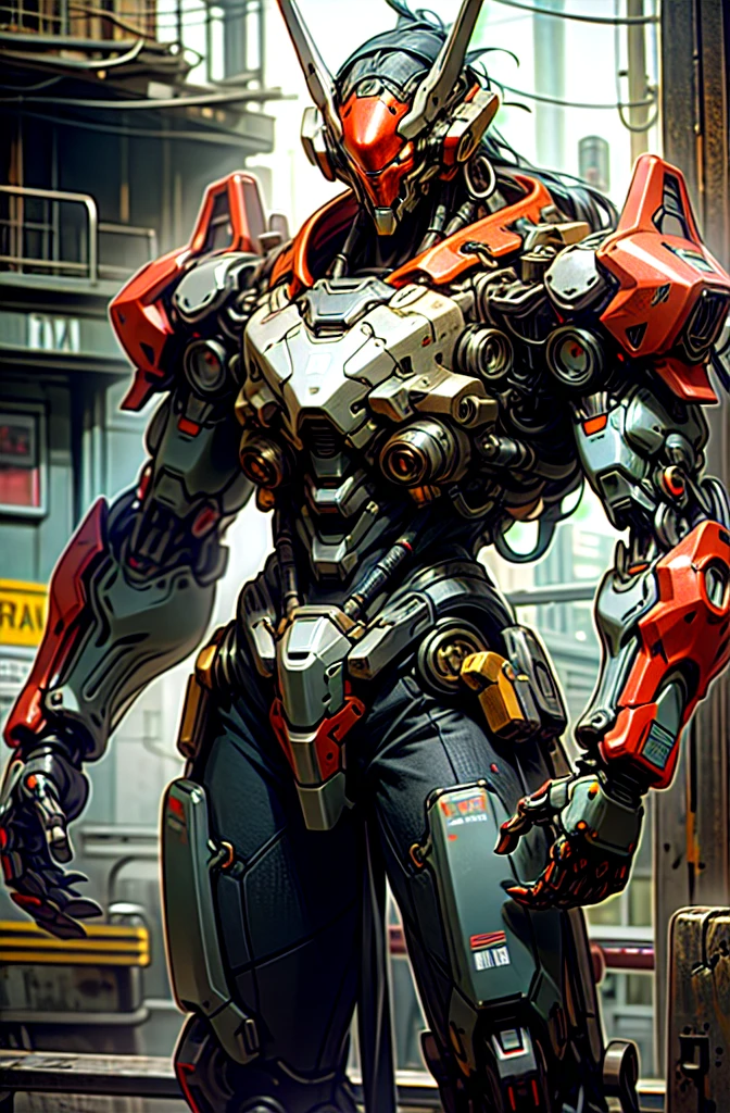 8k,Realstic,Dark_Fantasy,Cyberpunk,(chain saw,chain saw man,Red:1.1),1man,Mechanical marvel,Robotic presence,Cybernetic guardian, wearing a worn-out mech suit, intricate, (steel metal [rusty]), elegant, clear focus, shot by greg rutkowski, soft lighting, vibrant colors, masterpiece, ((street)), cowboy shot, dynamic pose,